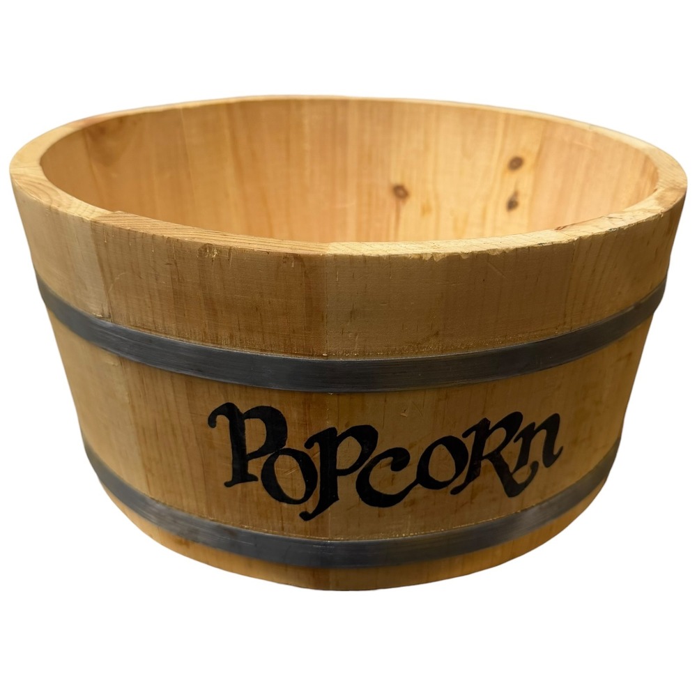 Vintage Wooden Popcorn Bowl Rustic Barrel Metal Bands Farmhouse Decor‎